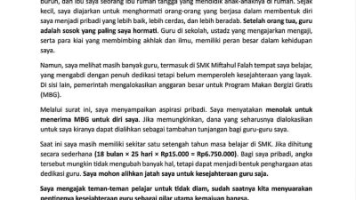 surat terbuka yang dikirim seorang pelajar SMK di Kudus Jawa Tengah kepada Presiden Prabowo Subianto.